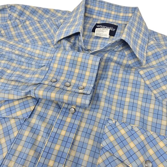 Wrangler Western Pearl‎ Snap Shirt Large Men's Long Sleeve Blue Tan Plaid - Picture 1 of 5